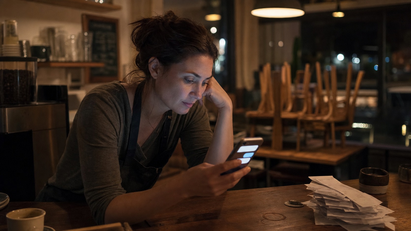 AI chatbot for WordPress answering a customer on a cafe owner's phone after hours