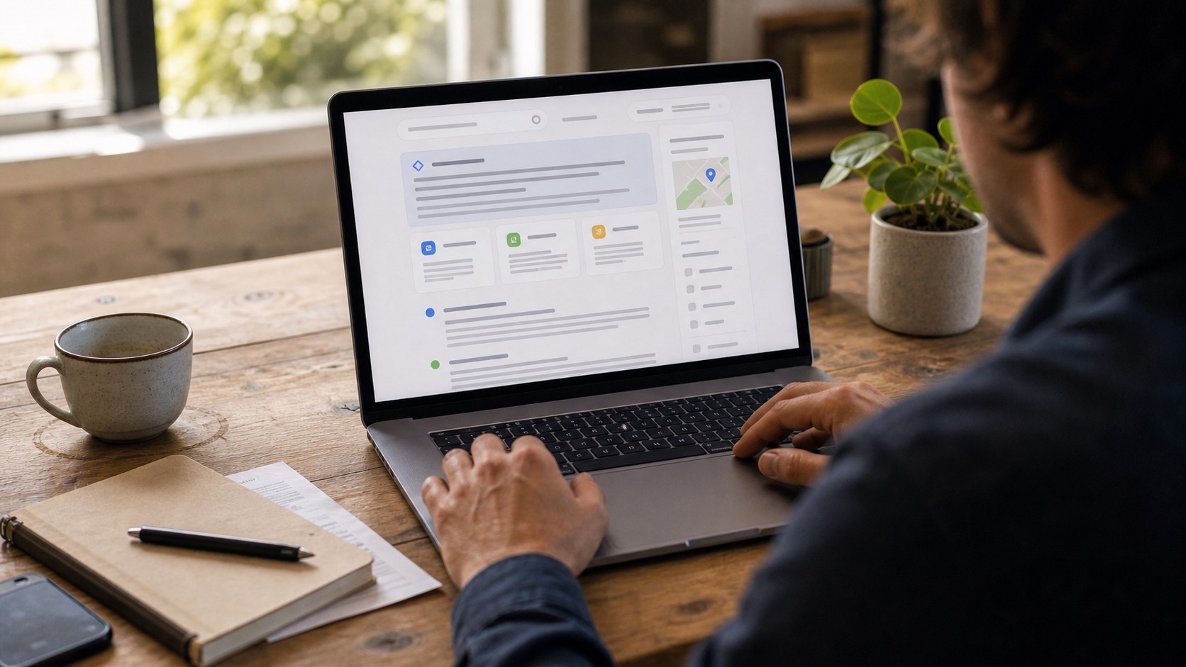 Australian small business owner checking Google AI Overviews on a phone, AI search optimisation in practice