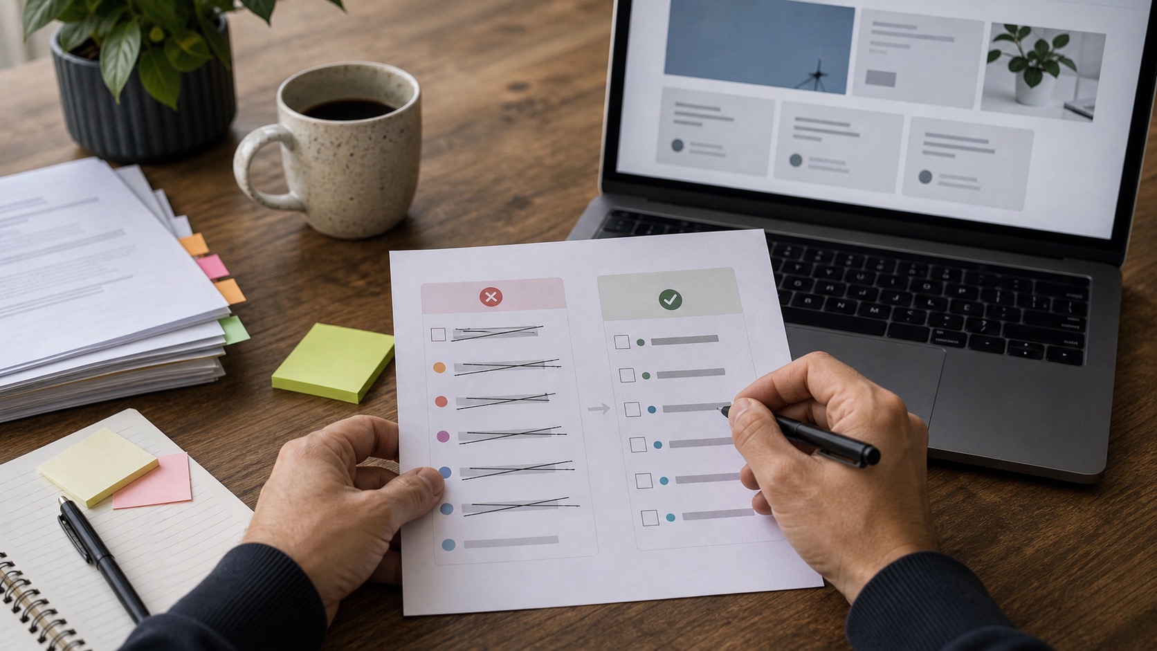 Printed SEO tactics checklist with several debunked AI hacks struck through in red pen