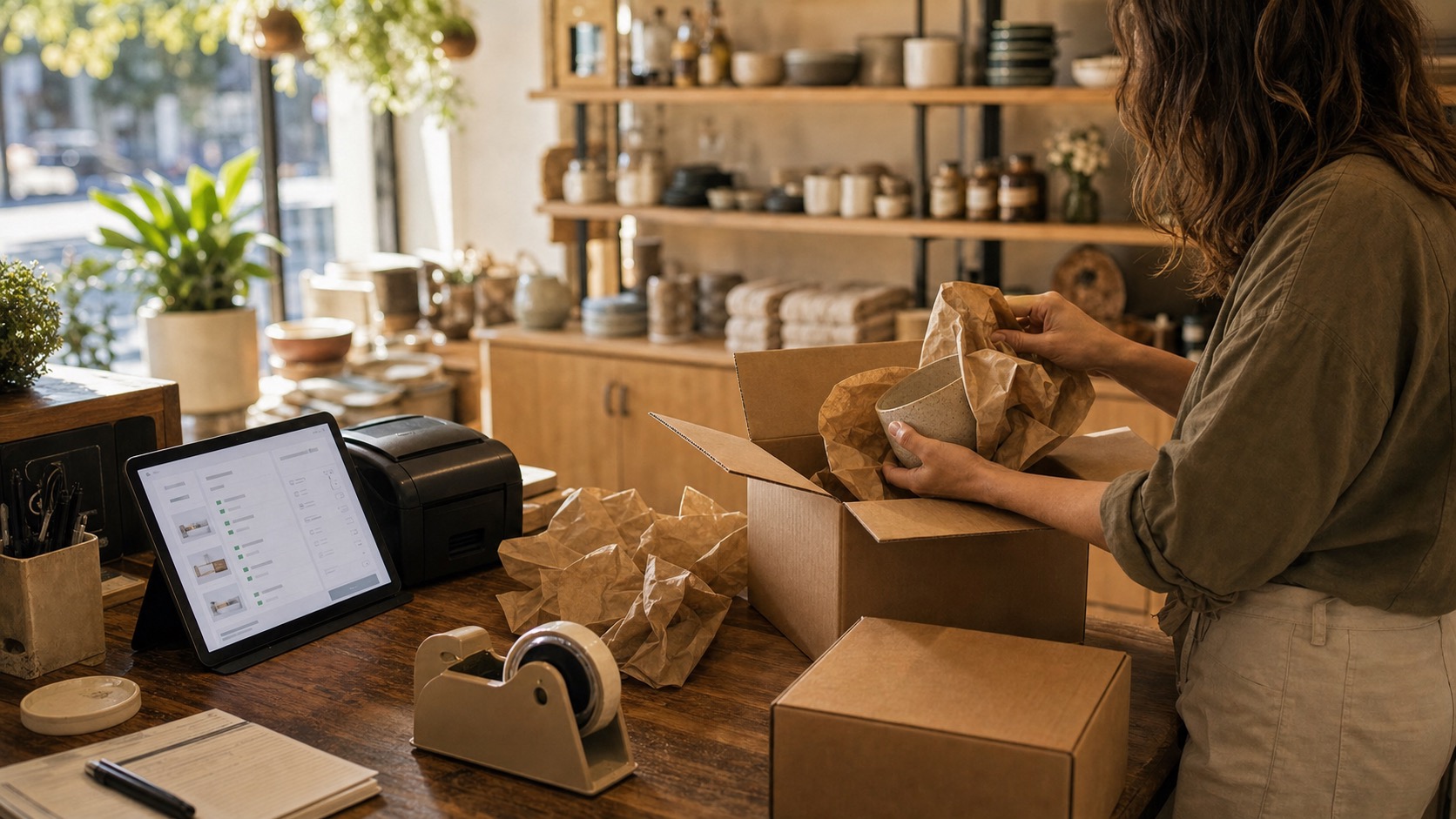 Small Australian shop owner packing a WooCommerce online order at the counter