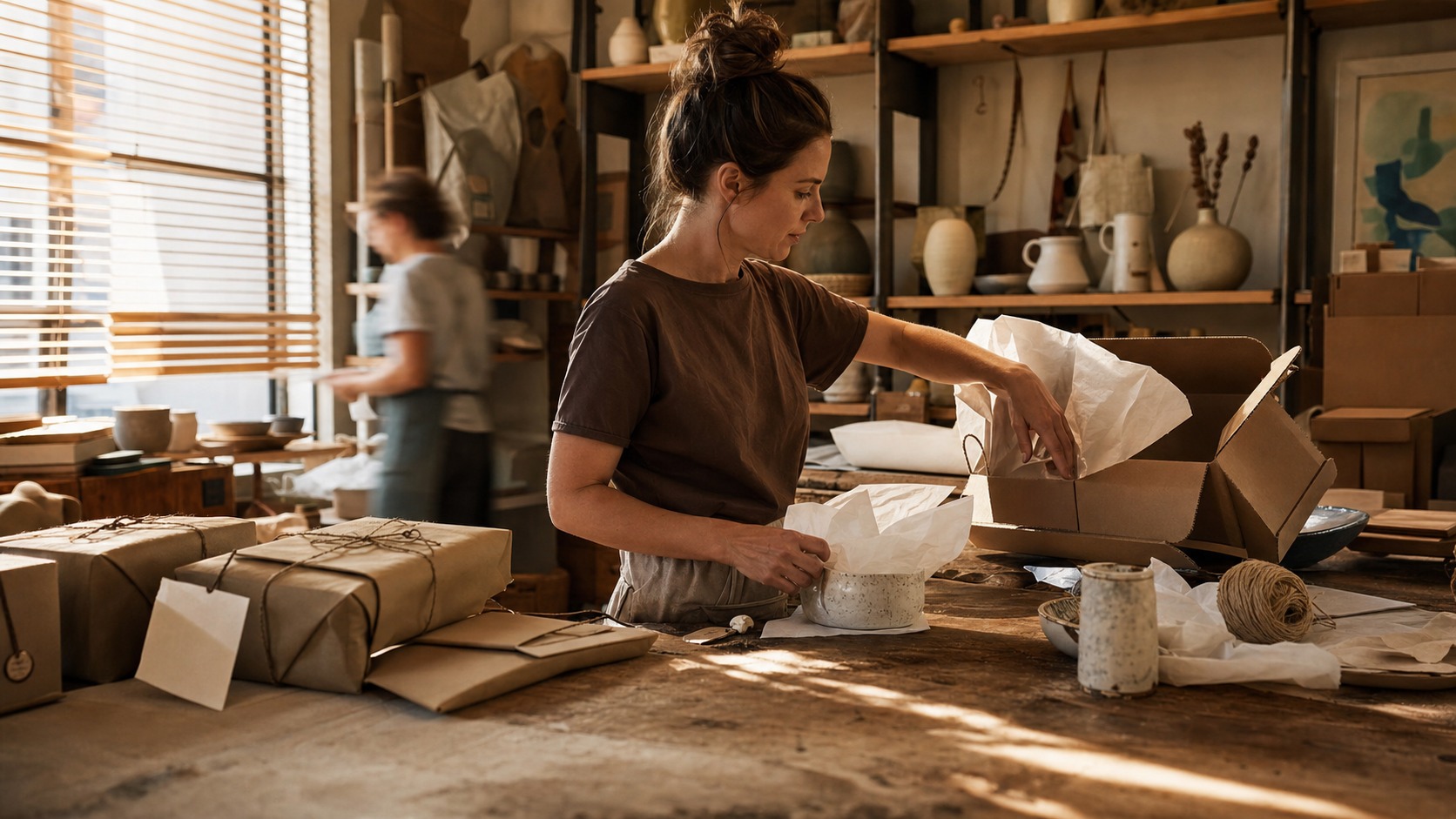 Small Australian homewares shop owner packing online orders behind the counter