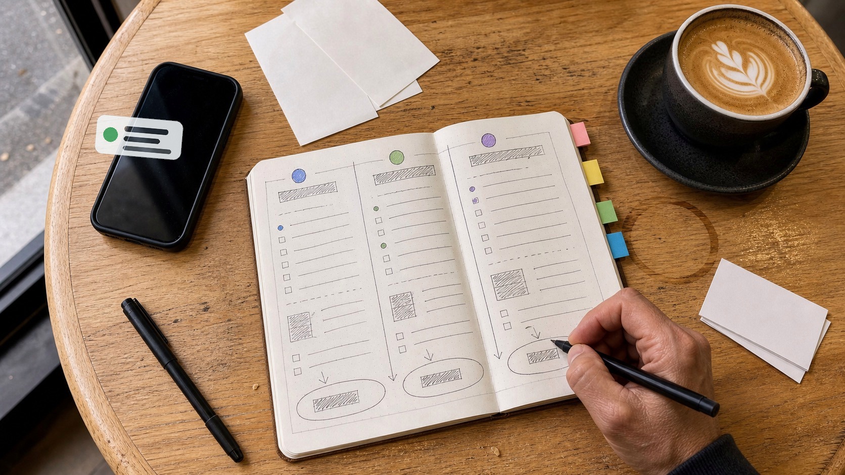 Phone showing a backup complete notification beside a flat white on a cafe table