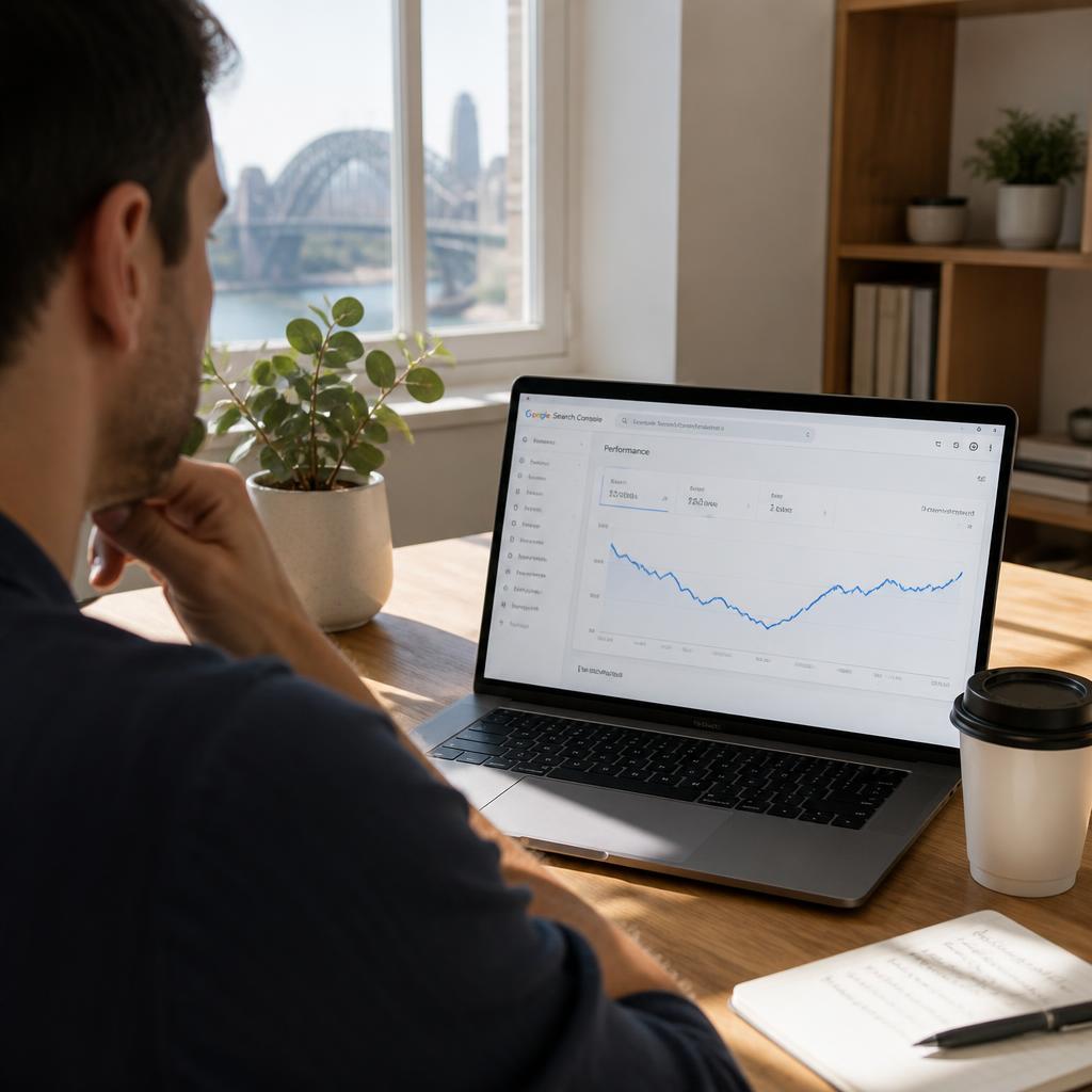 Australian small business owner reviewing Google Search rankings on a laptop after the May 2026 core update