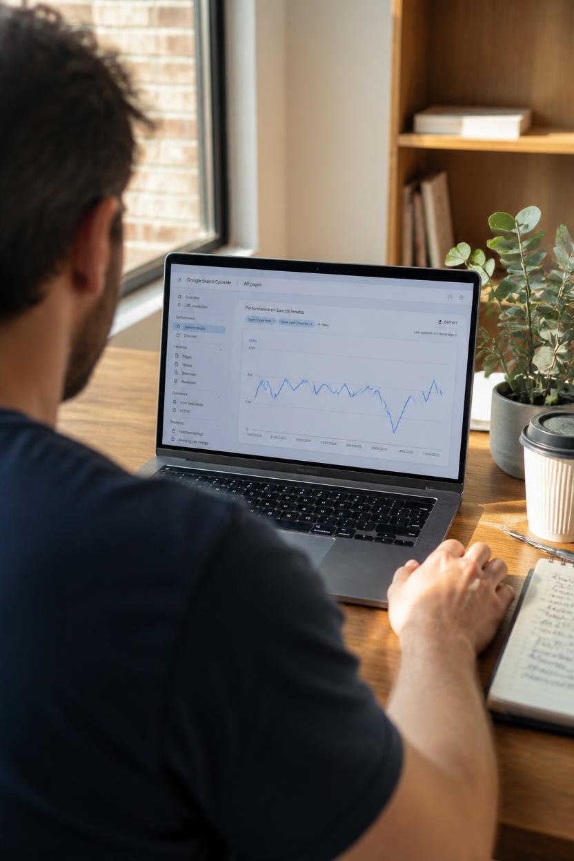 Australian small business owner reviewing Google Search rankings on a laptop after the May 2026 core update
