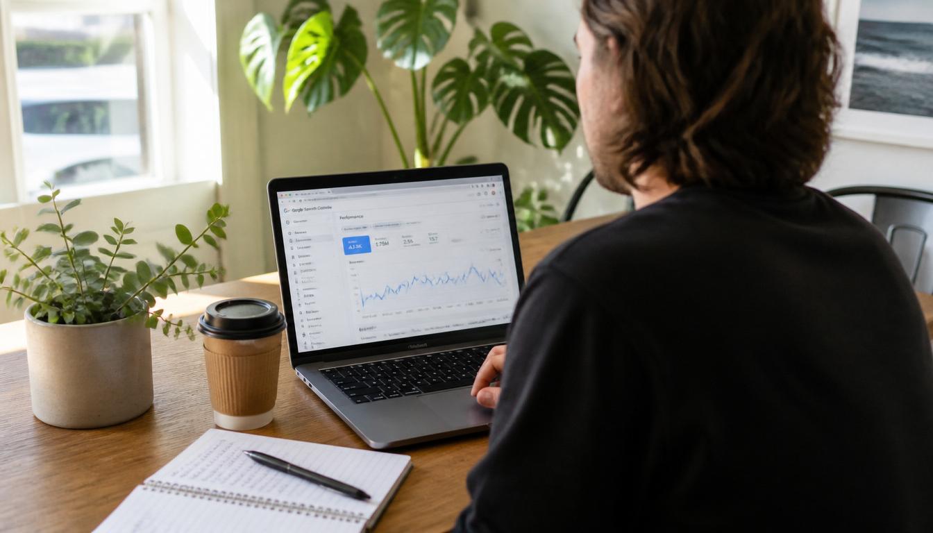 Australian small business owner reviewing Google Search rankings on a laptop after the May 2026 core update