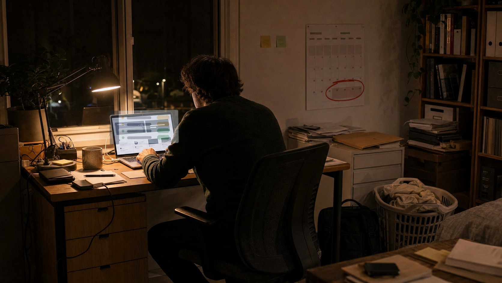 Small business owner checking a WordPress backup dashboard on a laptop at night