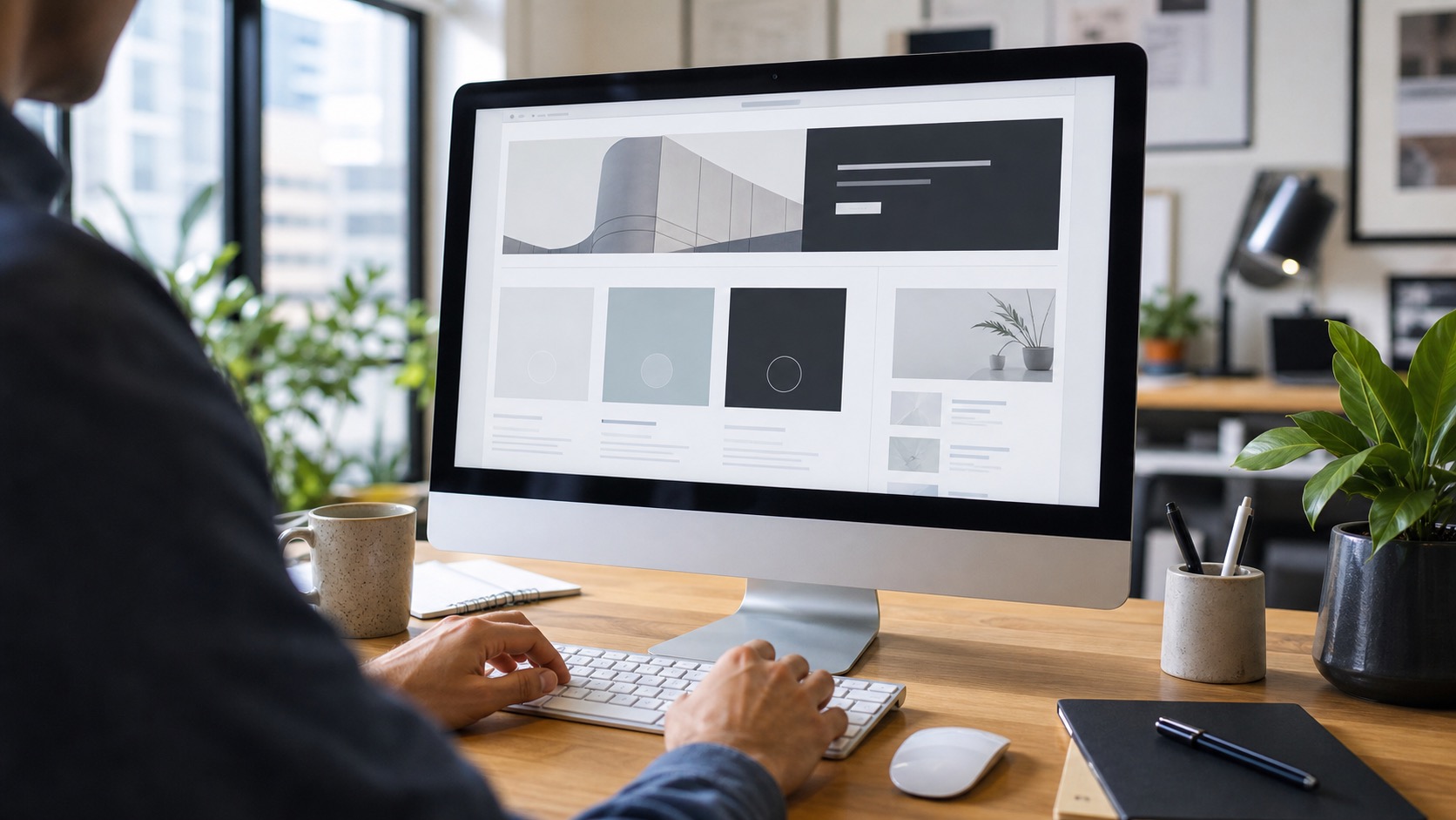 Designer building a small business website layout on a desktop monitor in an Australian studio