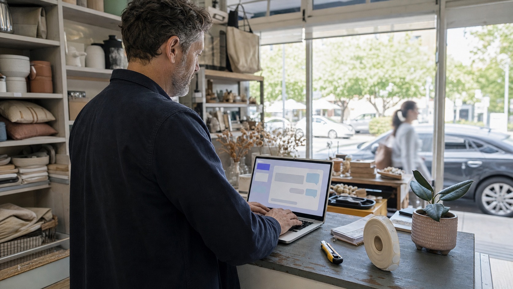 Small shop owner setting up an AI chatbot on a laptop