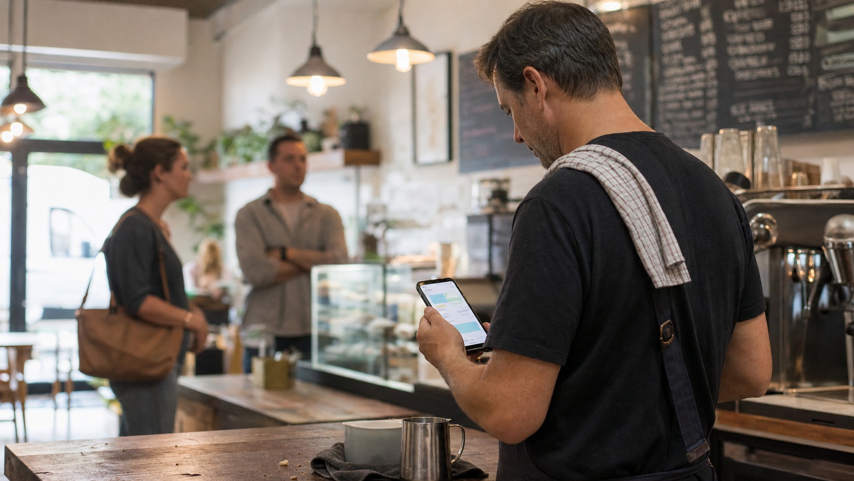 Suburban cafe owner checking their website on a phone to test Core Web Vitals