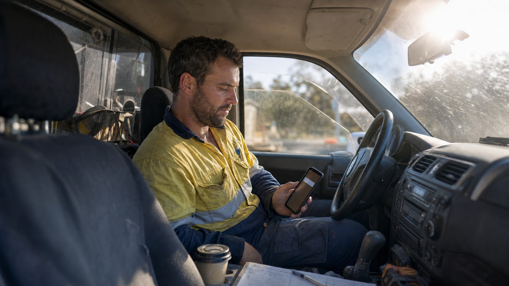 Tradie in a ute reading a new website enquiry from an AI chatbot