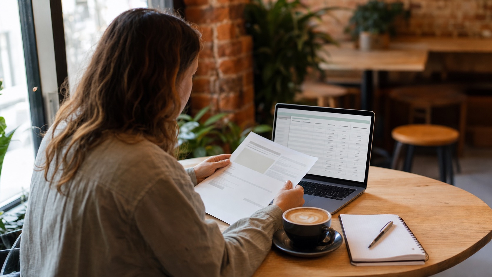 Small business owner reviewing a website cost Australia quote on a laptop at a cafe