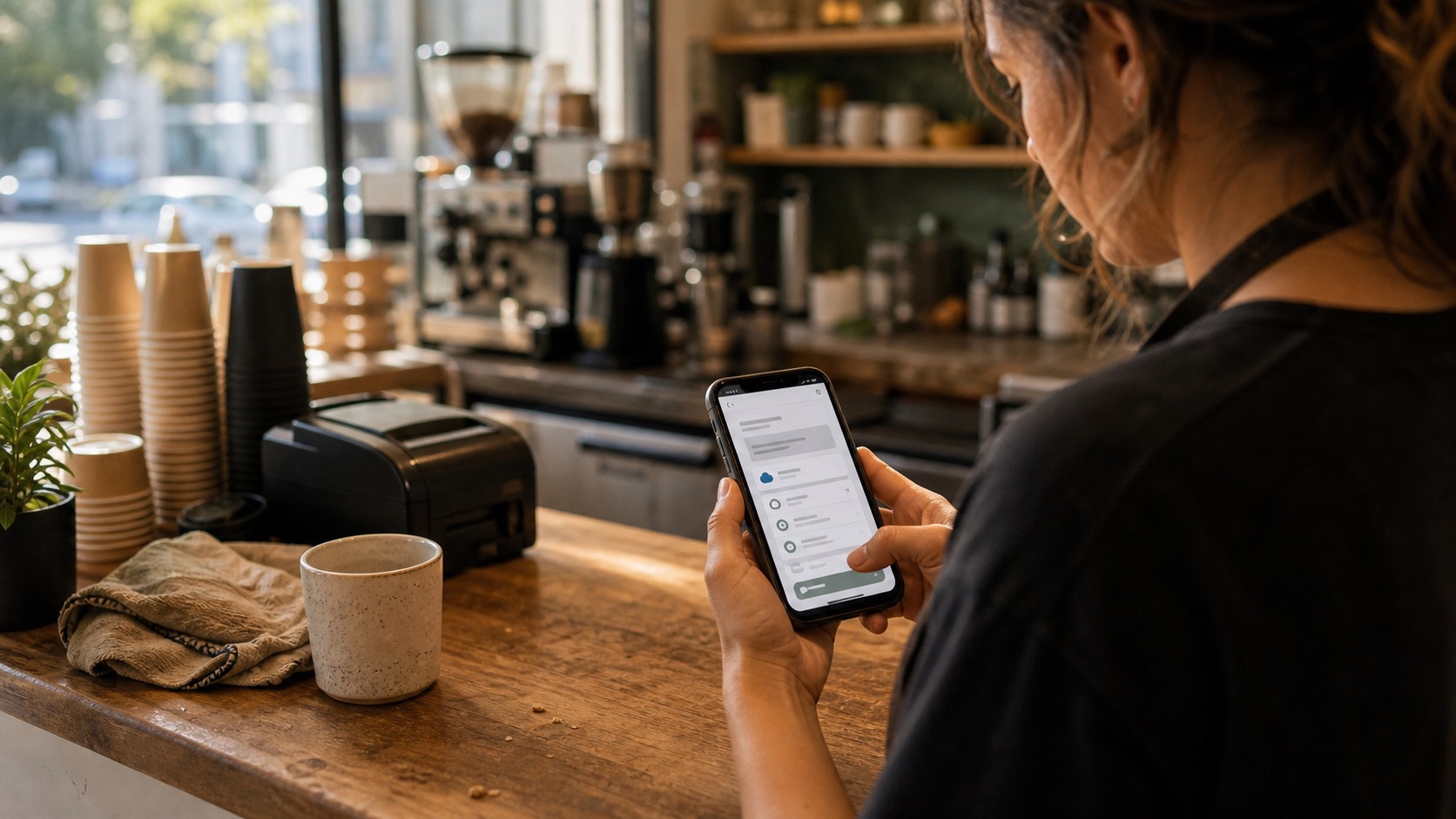 Cafe owner checking a deductible website hosting invoice on a phone
