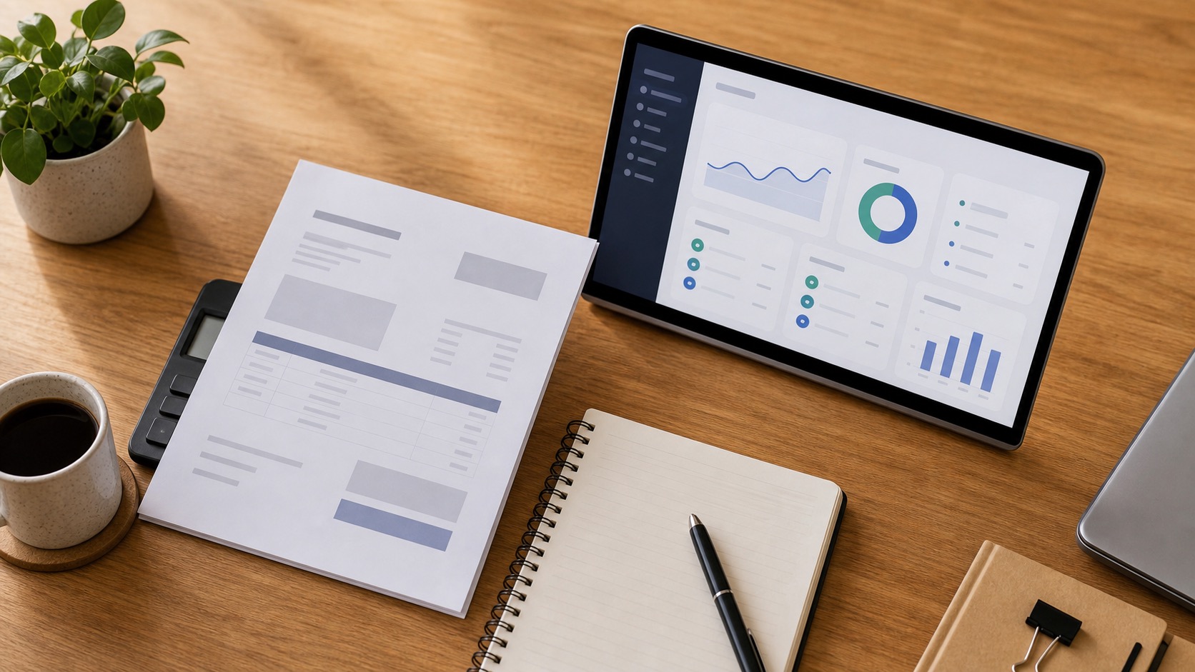 Calculator, invoice and laptop showing a hosting dashboard for ongoing website running costs