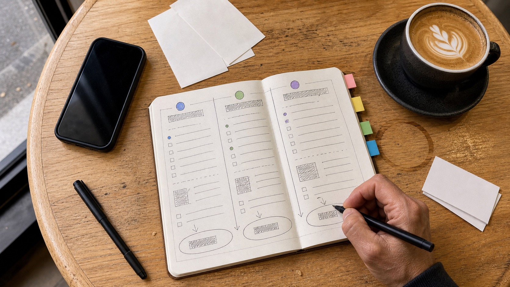 Handwritten website platform pricing compared in a notebook beside a flat white