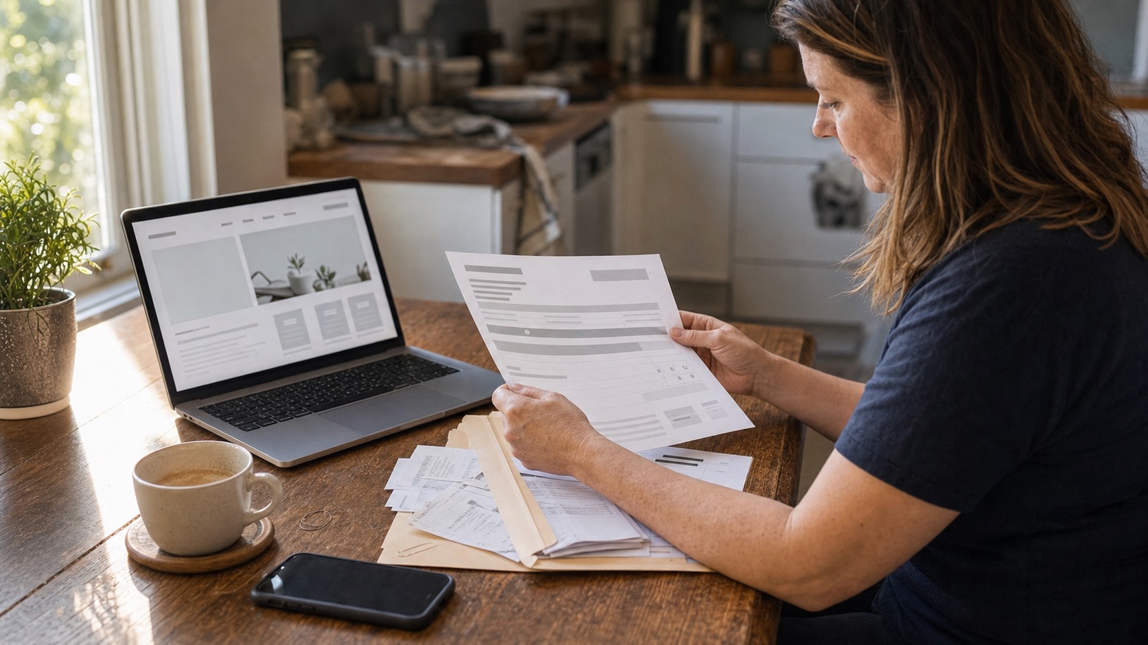 Australian small business owner reviewing a website tax deduction with EOFY paperwork