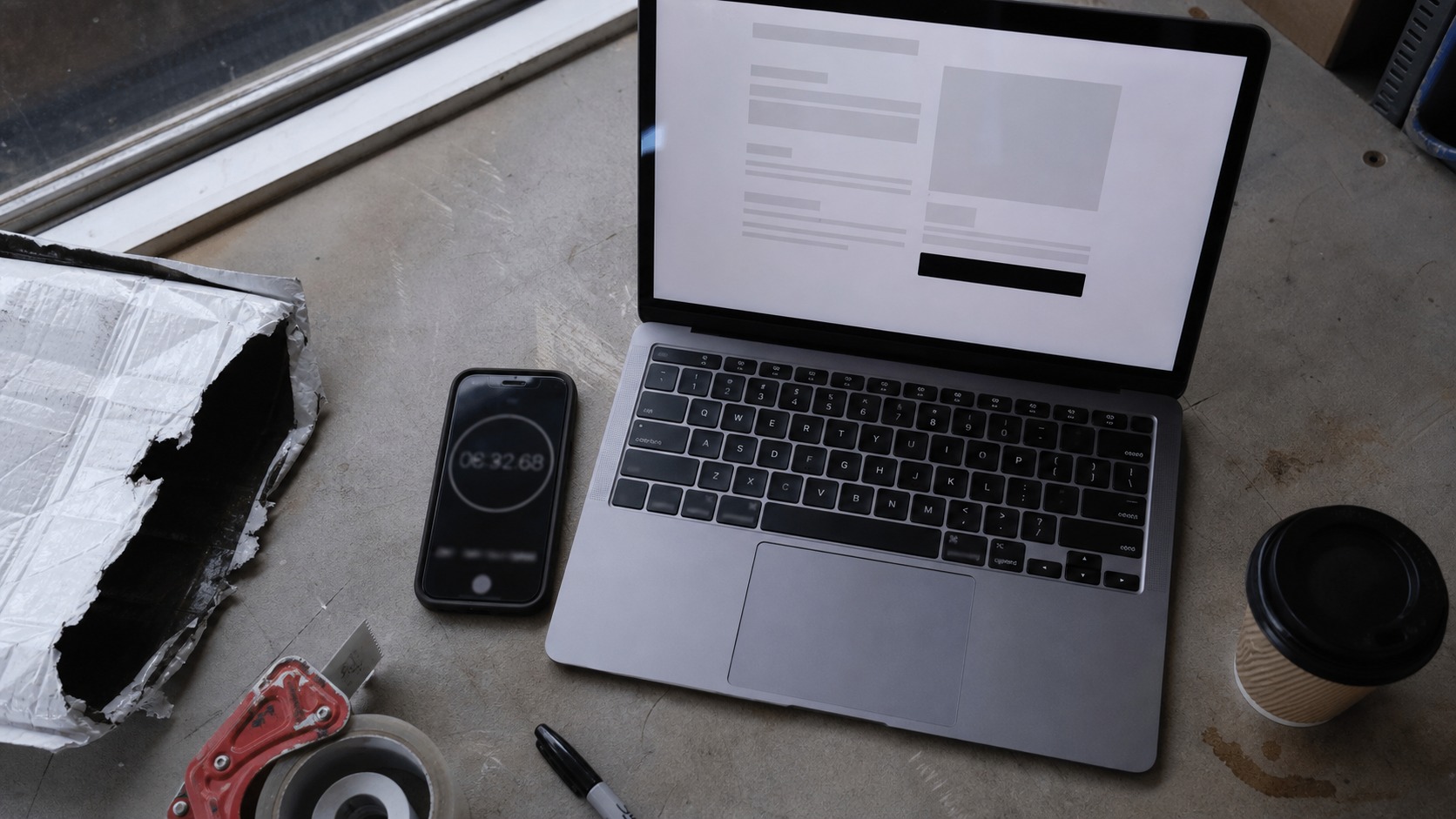 Phone stopwatch beside a laptop showing a WooCommerce checkout page loading on a real desk