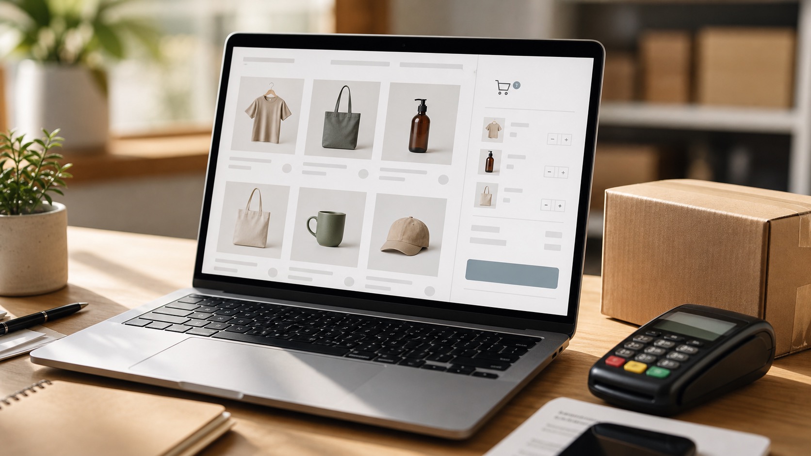 WooCommerce online store product page and shopping cart shown on a laptop screen