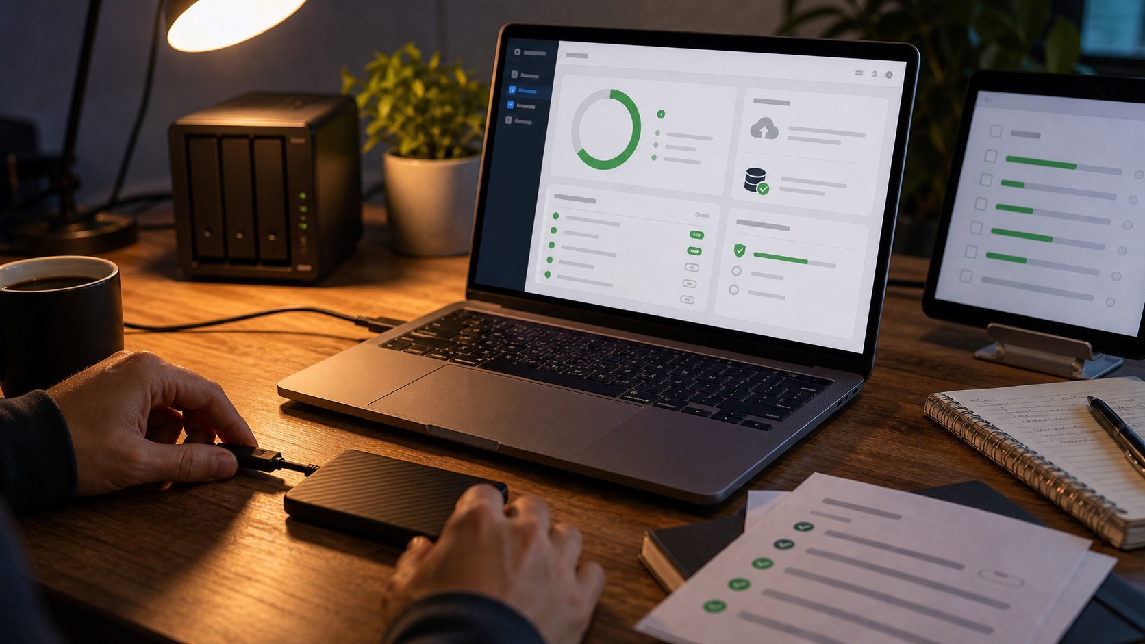 Web developer running a full site backup on a staging server before a WordPress update
