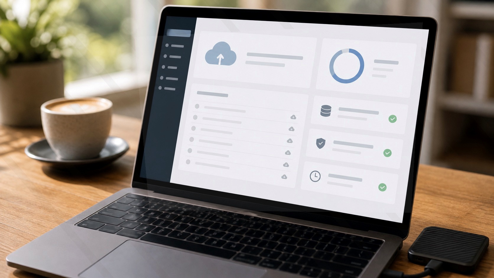 Hands running a WordPress backup to an external SSD on a home office desk