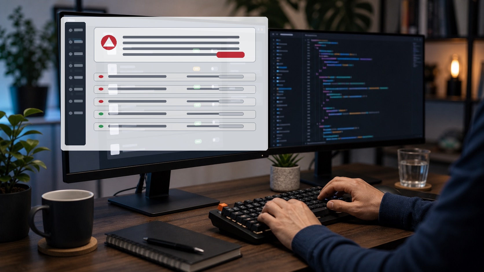Wide environmental shot of a developer at a slightly messy Sydney studio desk, two monitors showing a WordPress security plugin scan and a list of pending updates, cables and a coffee plunger in frame, late-afternoon sun through venetian blinds casting stripes across the desk. 