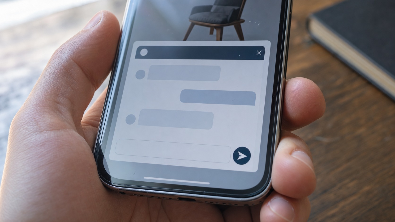 Close-up of a WordPress chatbot plugin widget open on a phone