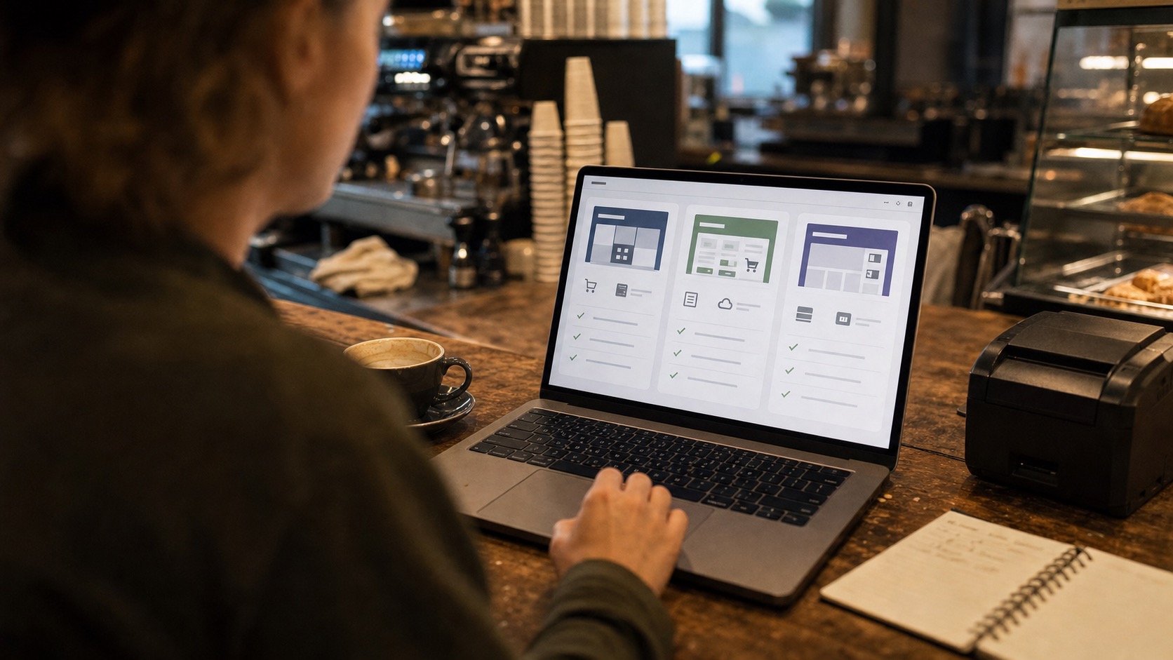Cafe owner comparing WordPress vs Shopify on a laptop at the counter