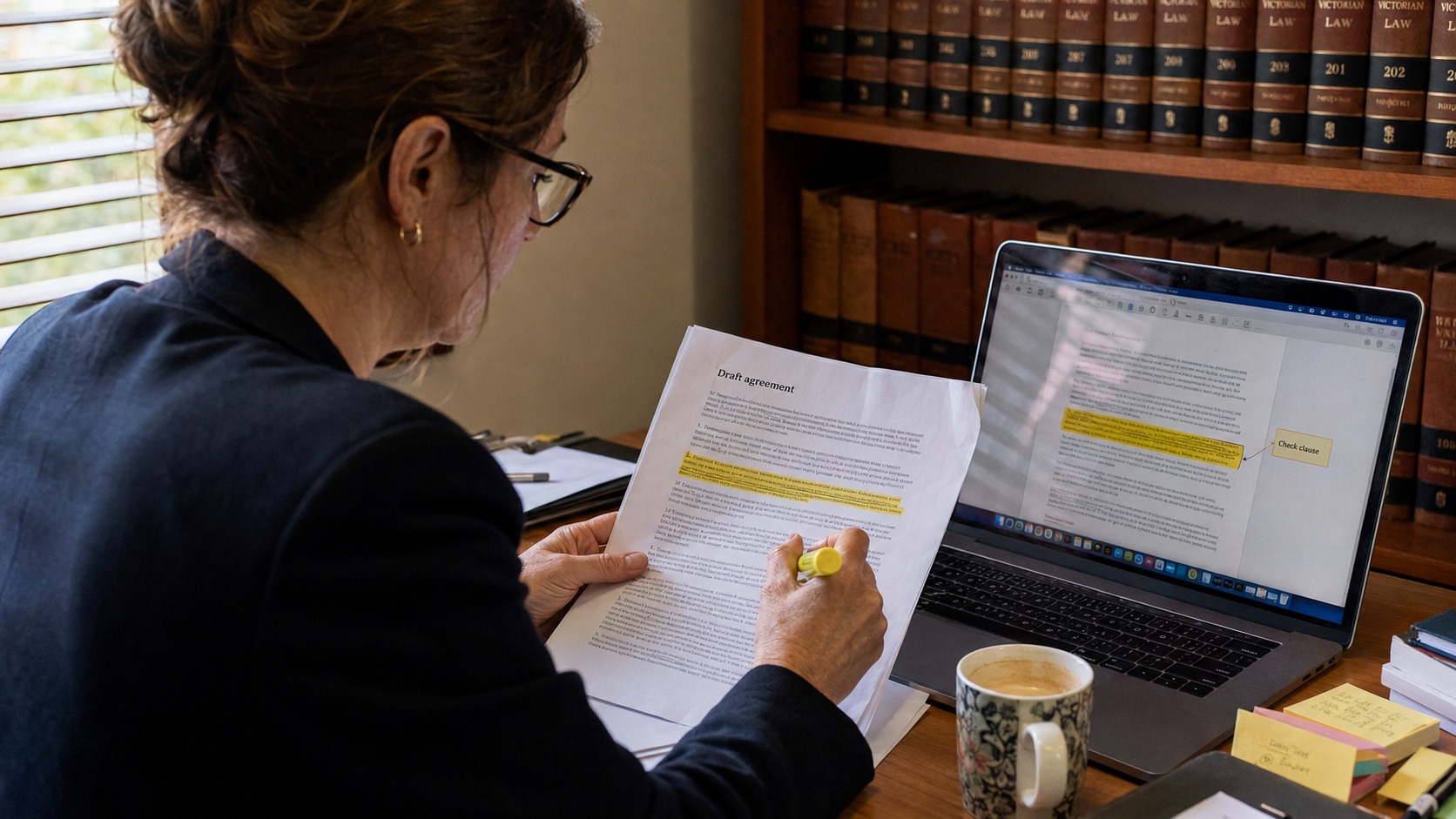 AI tools for lawyers used by a solicitor reviewing a contract in an Australian office