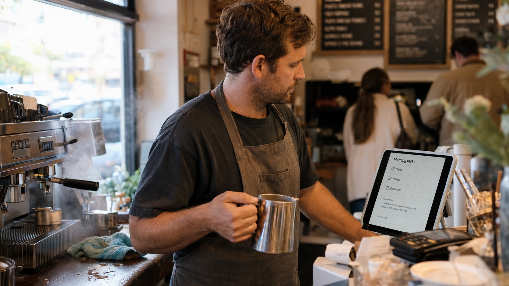 Australian cafe owner checking an AI assistant on a tablet at the counter
