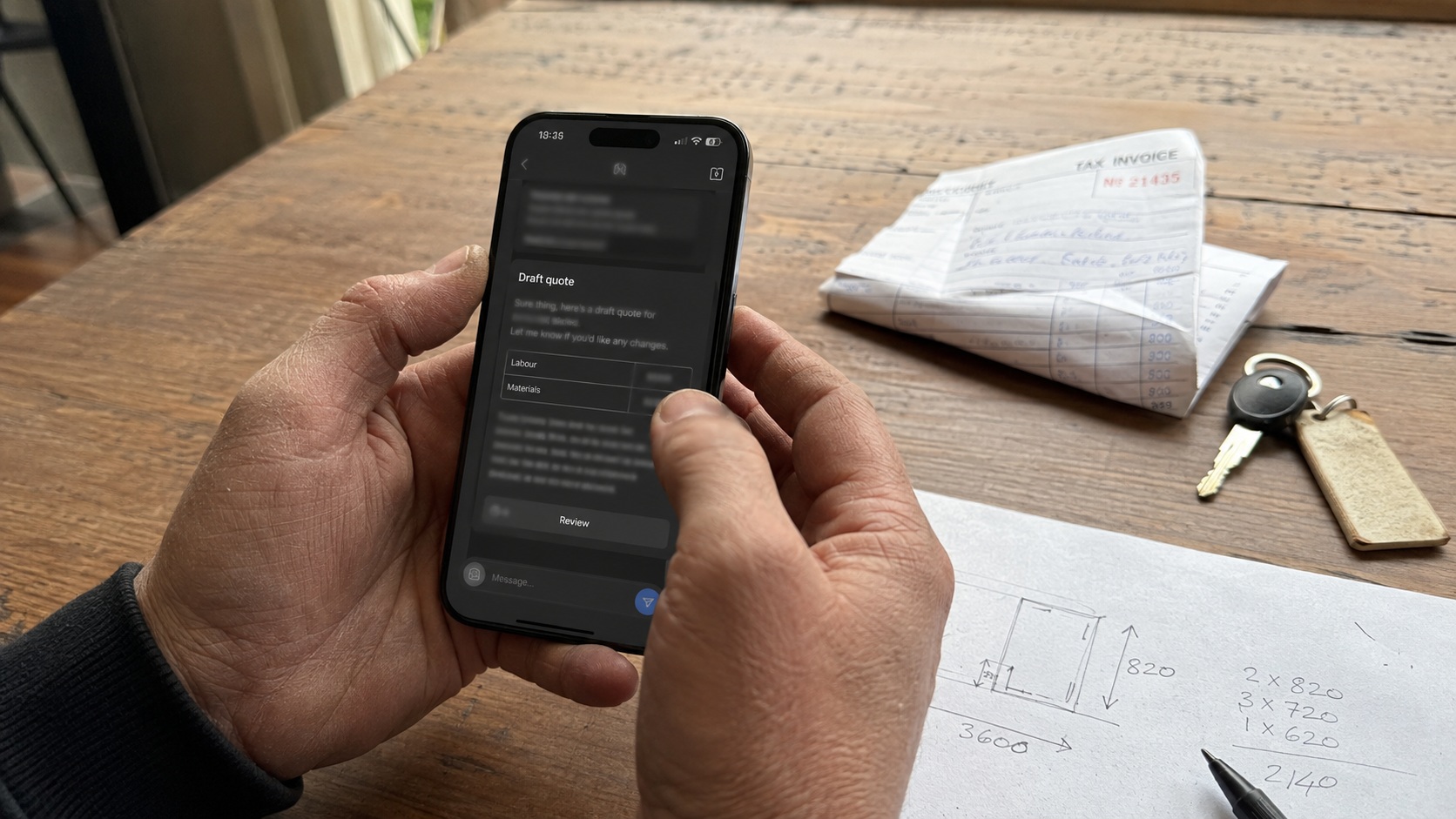 GPT-6 for small business drafting a customer quote on a phone at a kitchen table