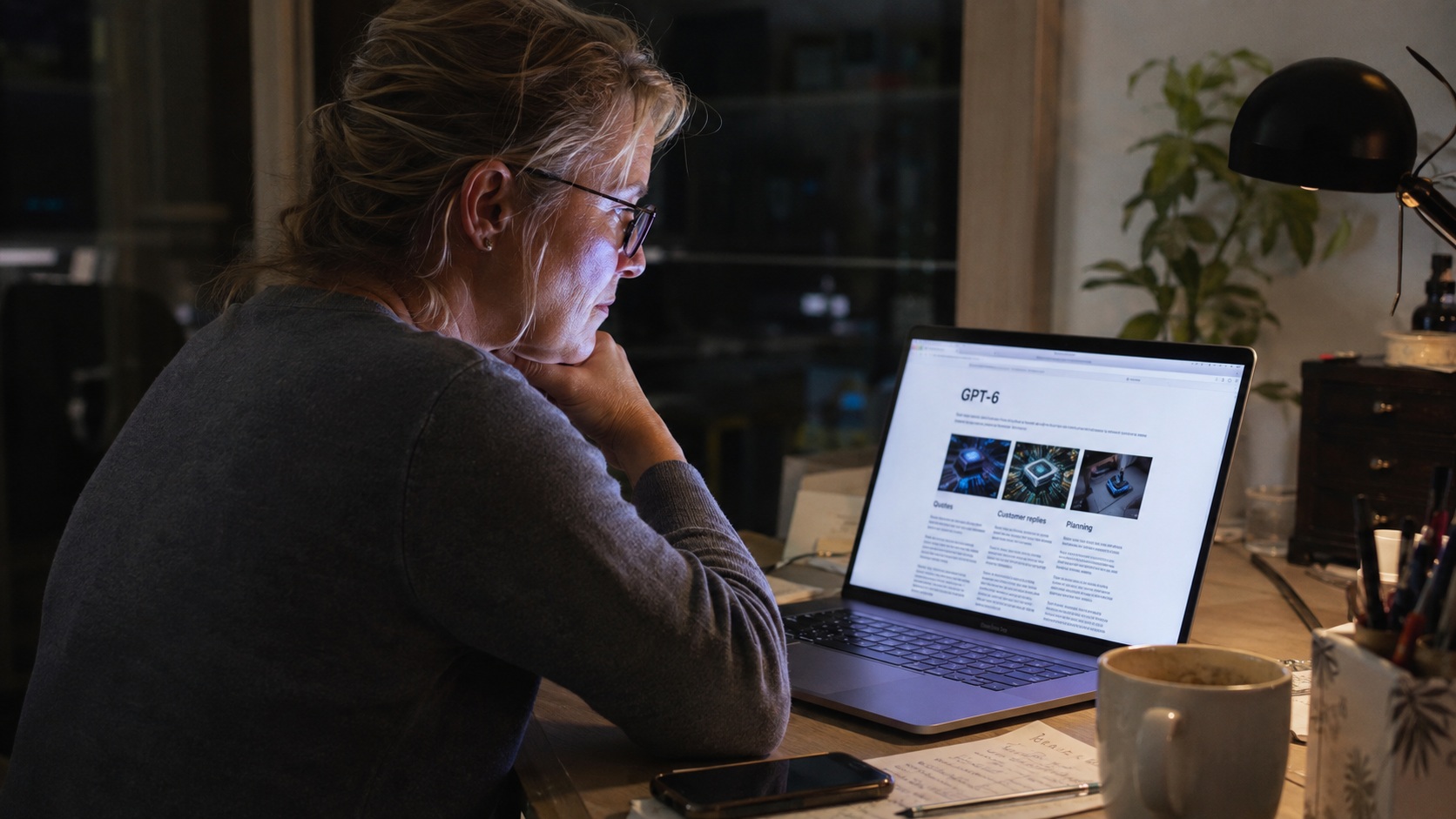 GPT-6 for small business owner reading the new model announcement on a laptop at night