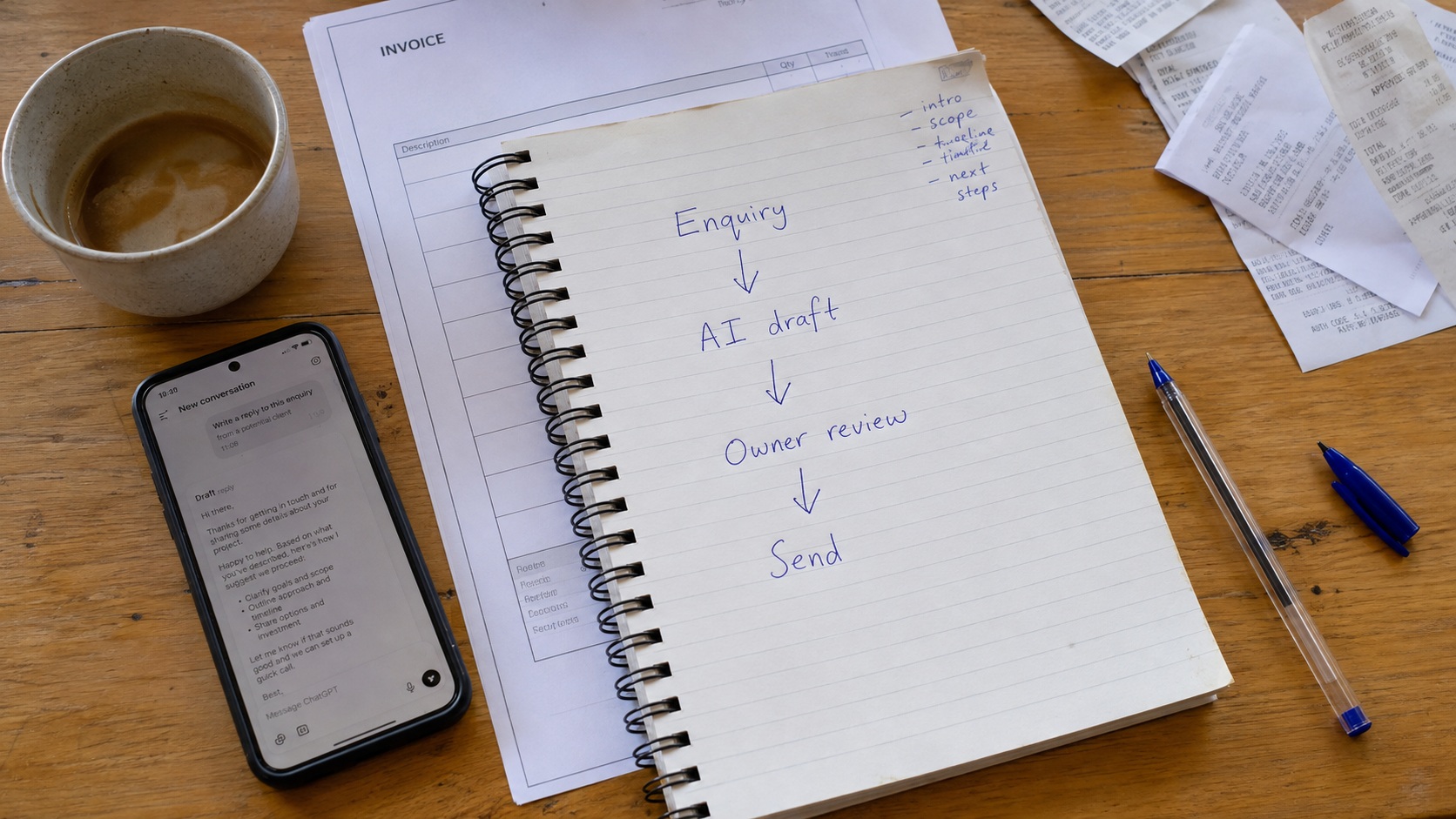 Top-down desk with a phone showing ChatGPT, an invoice and a notebook planning an AI workflow